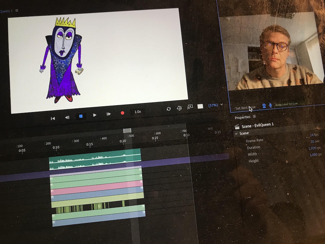 A screenshot of the animation software, with a picture of the Evil Queen being motion captured by Peter Snelling in another image box