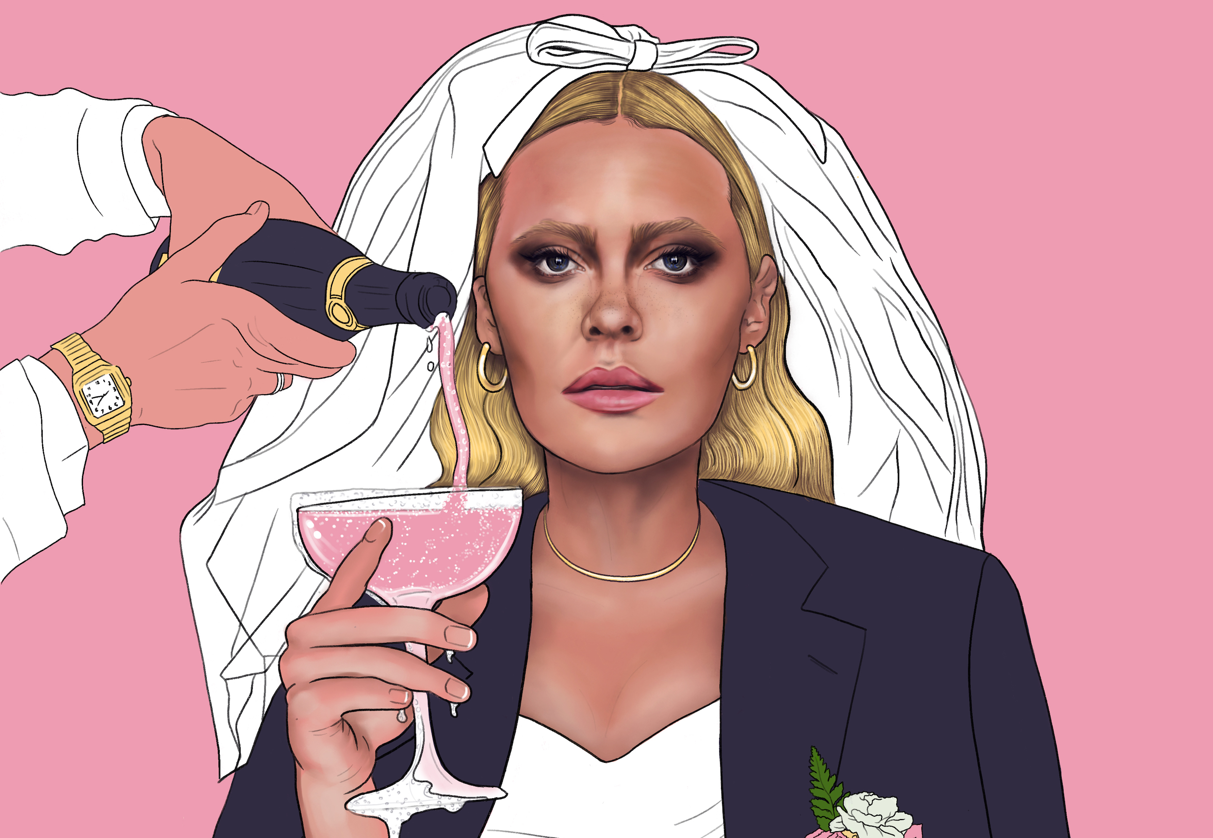 Illustration of a white bride with blonde hair, in a white veil and dark smuged eye make-up. She is holding a glass while male hands pour champagne into the glasses, which is overflowing. The bride is also wearing a navy blue man's wedding jacket.