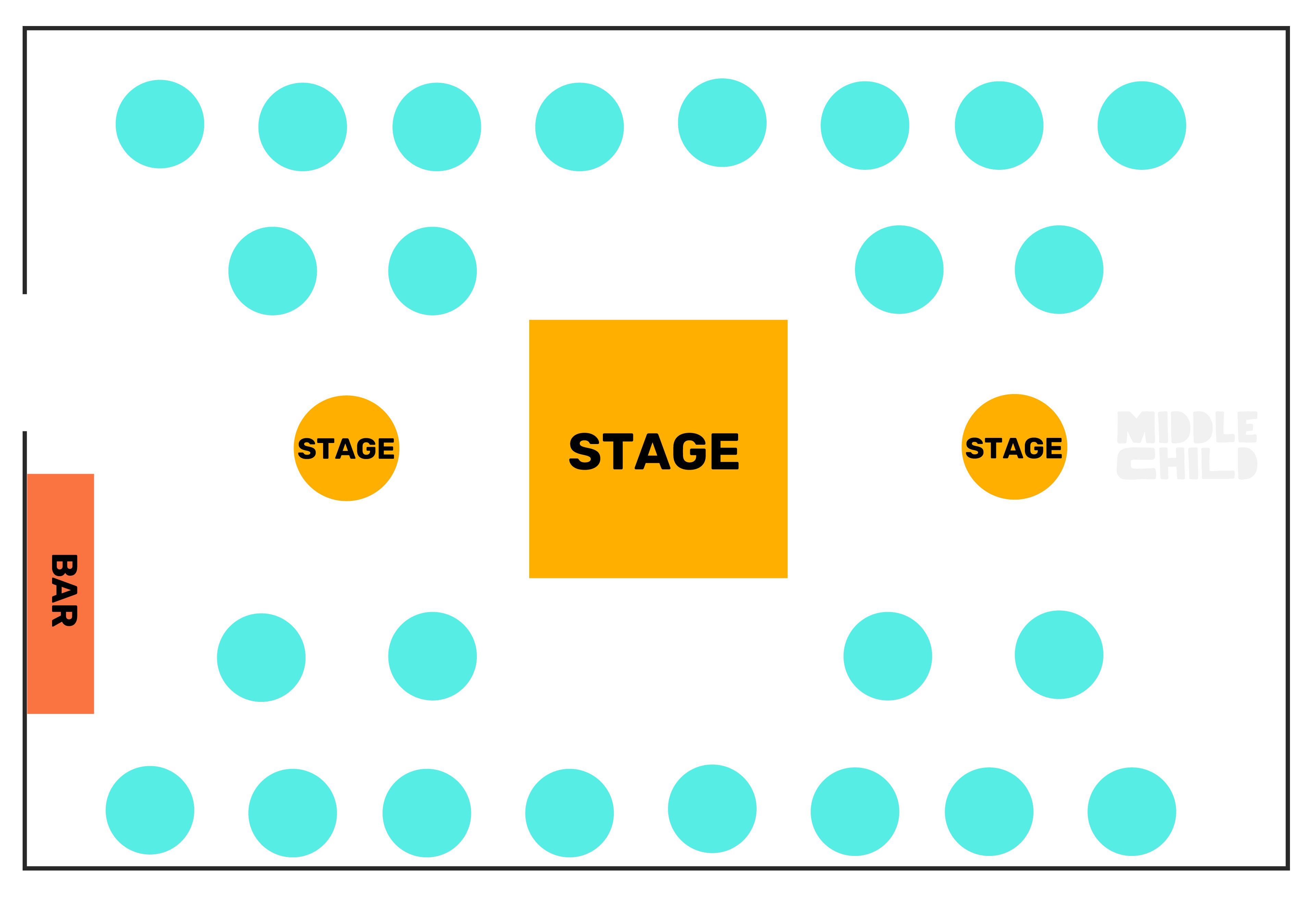 Seating plan of the venue, featuring tables placed around a central stage, with two additional smaller stages.